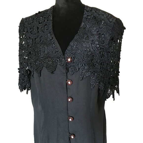 San Julian Tunic Blazer: Vintage Crocheted Lace Collar Crystal Buttons Black M - Picture 5 of 11